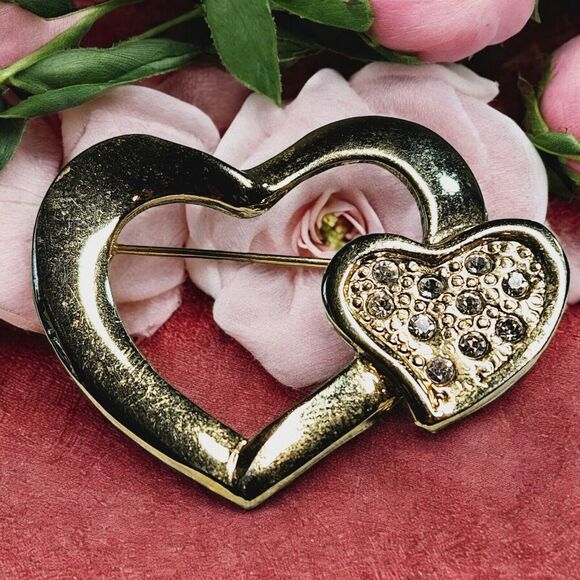 Vtg Overlapping Hearts Brooch Double Love Connection Rhinestones Pin Gold Tone - Picture 2 of 7